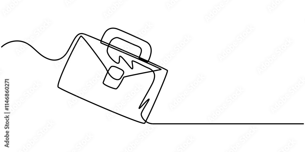 Poster Suitcase working bag one line art drawing. Continuous outline briefcase office bag for working, briefcase continuous line art drawing, Minimalist continuous one line drawing of business bag pro. 