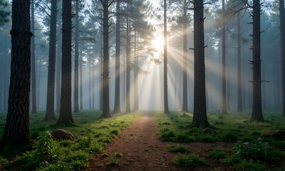 Fototapeta premium Sunbeams Through Misty Pine Forest Path