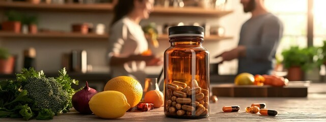 Obraz premium Vegetables and diet pills on the table in the kitchen. Selective focus