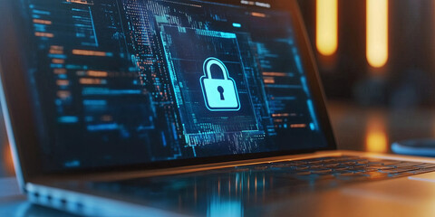 Computer screen with lock sign. Cybersecurity privacy or data protection concept