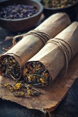 Medicinal herbs on a wooden table. Selective focus