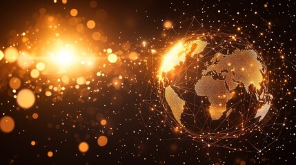 Golden glowing earth with network connections and bokeh lights.