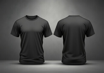 Front and back views of black t-shirts on a neutral gray background