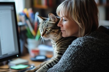 Focused middle-aged woman working on desktop with cat home office lifestyle photography cozy environment side view perspective
