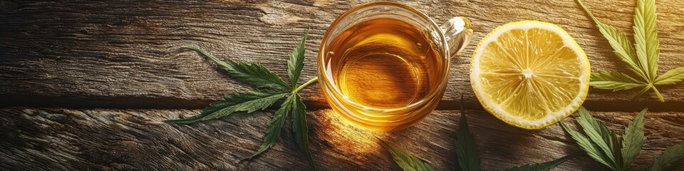 cup with cannabis and lemon. Selective focus