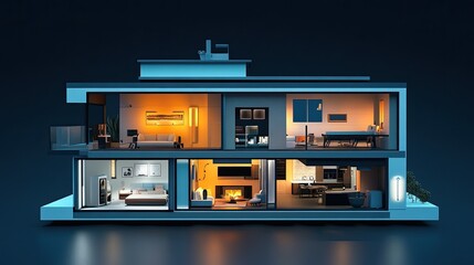 Modern house cutaway showing interior rooms lit at night.