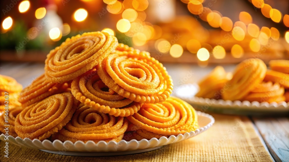 Poster golden fried snacks in a pile on a white plate with warm bokeh lights in the background