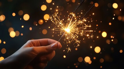Hand holding a burning sparkler with bokeh lights.