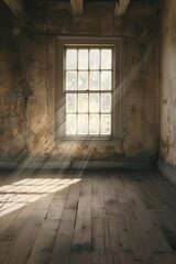 Obraz premium Sunlight filters through a window in an old, abandoned room with rustic walls and wooden floors.