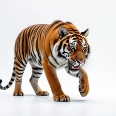 Tiger Poised for a Pounce Against a Clean White Background