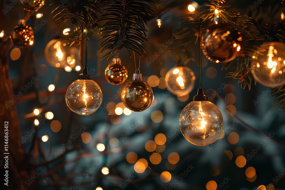 Poster a tree with many christmas lights hanging from it. the lights are of different colors and sizes. the