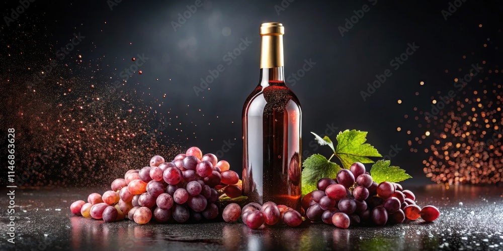 Poster a bottle of red wine standing tall among clusters of ripe grapes, with a dramatic splash of red wine