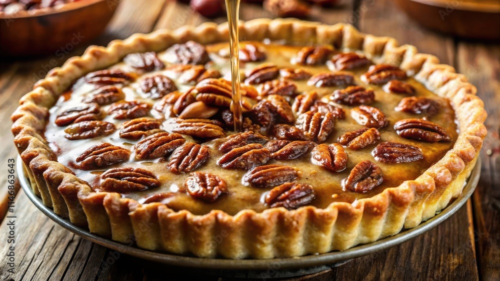 Poster a pecan pie with a golden crust, topped with a glistening caramel sauce and scattered with toasted p
