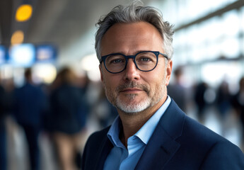Fototapeta premium A confident, middle-aged man with gray hair and glasses stands in a crowded airport terminal. He is wearing a dark suit and light blue shirt, with people moving in the background.