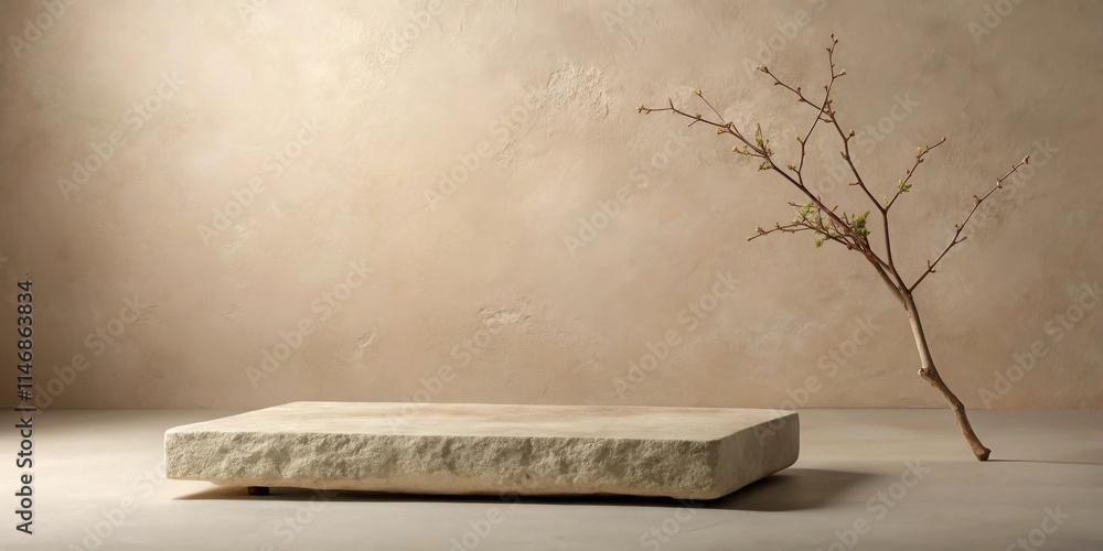 Aufkleber a minimalist stone platform with a single twig displaying small, new leaves against a light beige wa