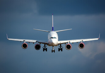 Commercial airplane flying in a clear blue sky, viewed from the front