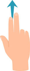 Cartoon hand using two fingers to swipe up, indicated by a blue arrow, symbolizing scrolling, browsing, or navigating on a touchscreen device, perfect for illustrating mobile interactions