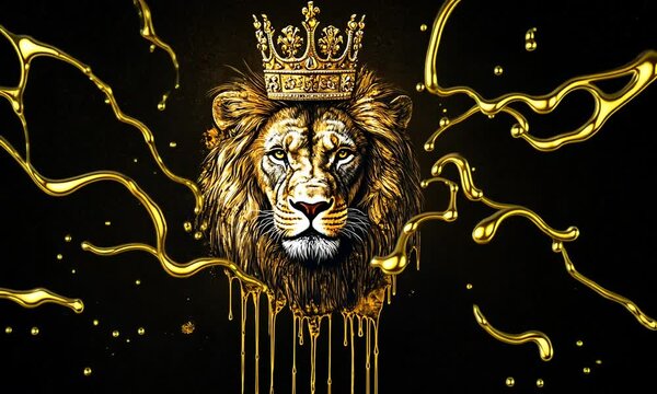 A majestic lion's head adorned with a crown, symbolizing strength and royalty against a dark background.