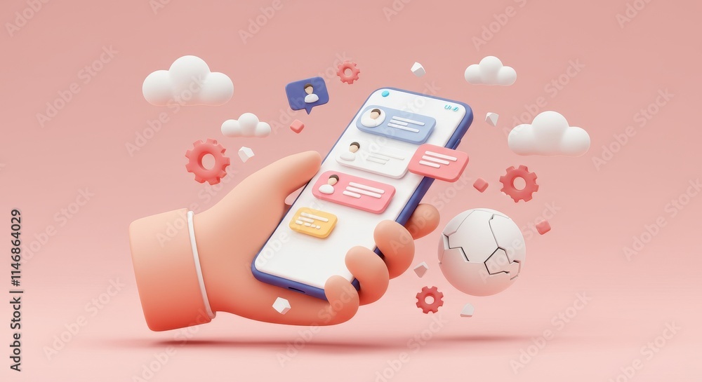 Poster 3d hand holding a smartphone displaying a chat interface with vibrant review bubbles and profile ico