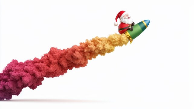 3d santa and fantasy concept. Santa riding a rocket with colorful smoke trails in a festive, playful scene.