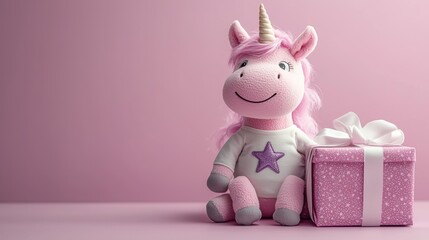 Adorable purple unicorn with a white T-shirt featuring a red heart, sitting beside a lavender gift box with heart patterns and white ribbon on a soft pink background.