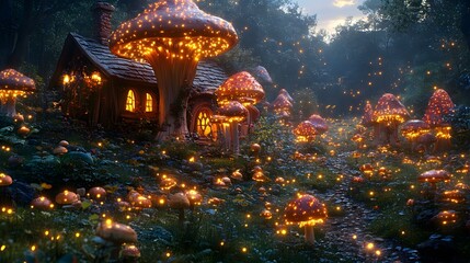 A futuristic treehouse village among glowing trees with magical blue-green lights. A wooden bridge connects houses, set under a starry night sky, evoking adventure, dreams, and nature's wonder.