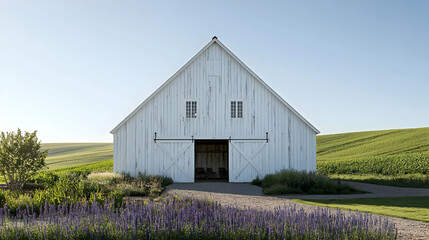 Wisconsin Dairy Barn with white walls and rolling green fields, classic Midwestern farmland