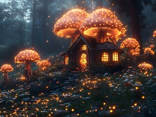 A futuristic treehouse village among glowing trees with magical blue-green lights. A wooden bridge connects houses, set under a starry night sky, evoking adventure, dreams, and nature's wonder.