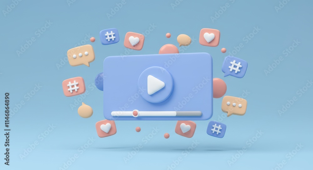 Poster 3d illustration of a floating video player interface featuring a play button and progress bar