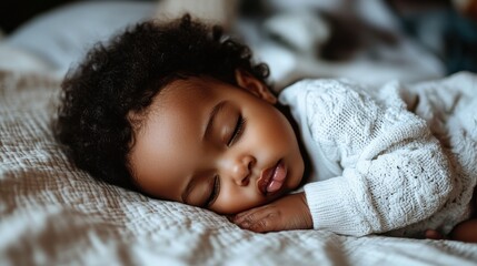 Baby sleeping soundly on a white blanket, with soft lighting creating a cozy scene.