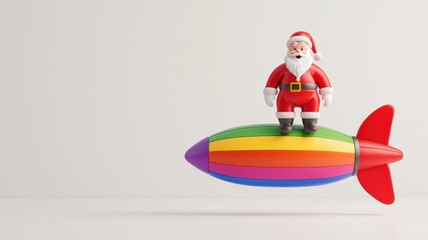 3d santa and fantasy concept. Santa Claus rides a colorful rocket, blending festive cheer with a playful design.