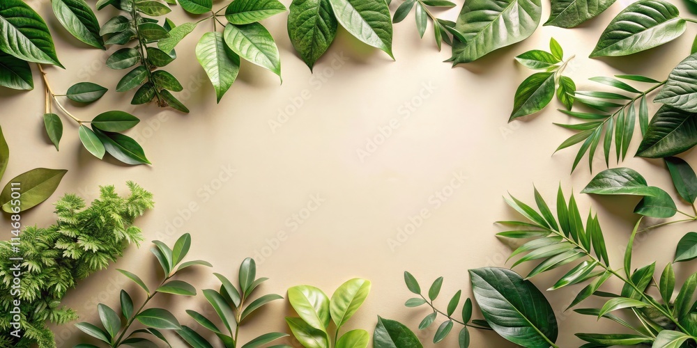 Aufkleber A vibrant frame of verdant leaves surrounding a soft beige backdrop, creating a natural border and inviting space for creativity.