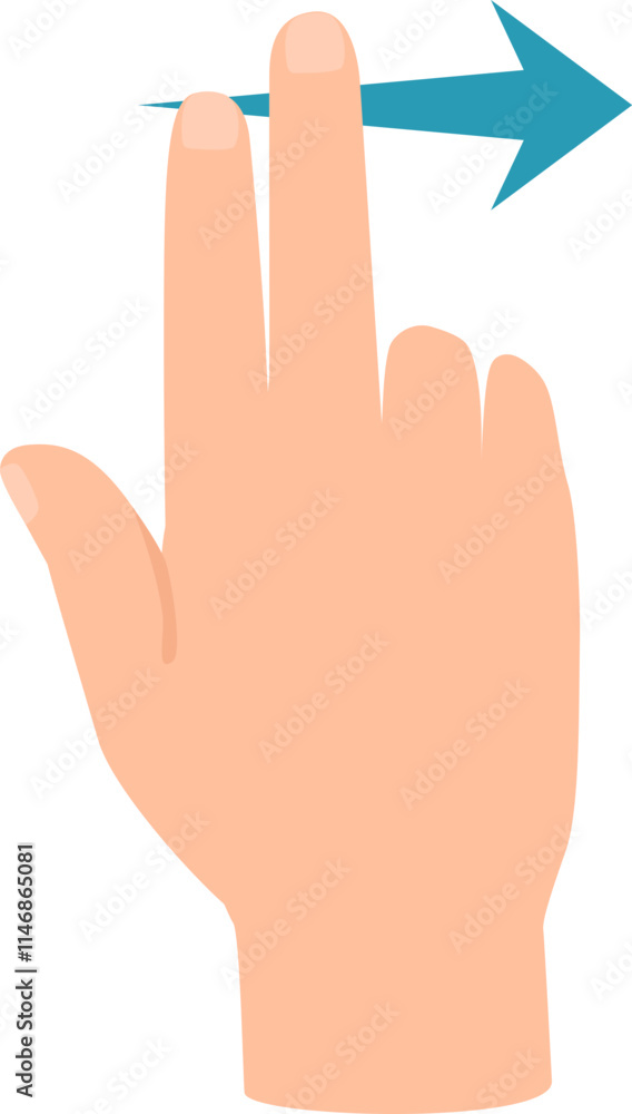 Poster open hand using two fingers to scroll horizontally across a touchscreen, accompanied by a blue arrow