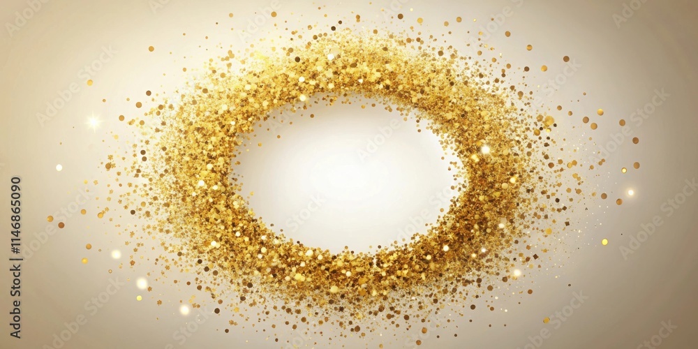 Poster Golden Glitter Sparkles Form a Circular Frame with a Blank Center, Creating a Luxurious and Festive Background