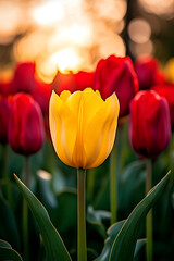 Naklejka premium Yellow tulip amidst red tulips in a lively spring tulip field.