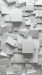 A dynamic 3D abstract background featuring white cubes and rectangles, creating a modern and minimalist geometric pattern.