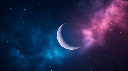 Fototapeta premium A serene celestial scene featuring a crescent moon surrounded by vibrant cosmic clouds of blue and pink, evoking a sense of tranquility and wonder.