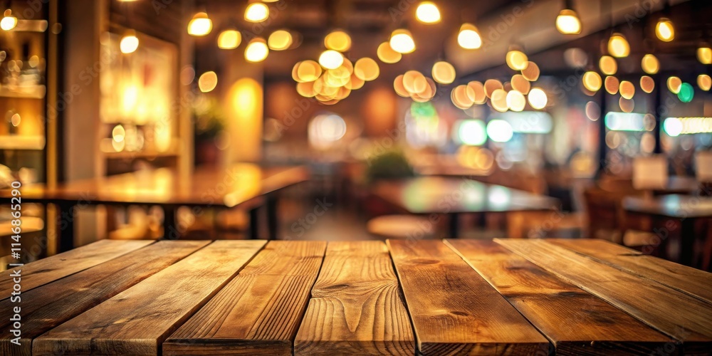 Poster warm, inviting wooden tabletop with a blurred background of a cozy restaurant setting, illuminated b
