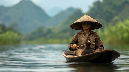 Obraz premium A serene scene of a person in a traditional conical hat paddling a boat through tranquil waters surrounded by lush greenery and mountains.