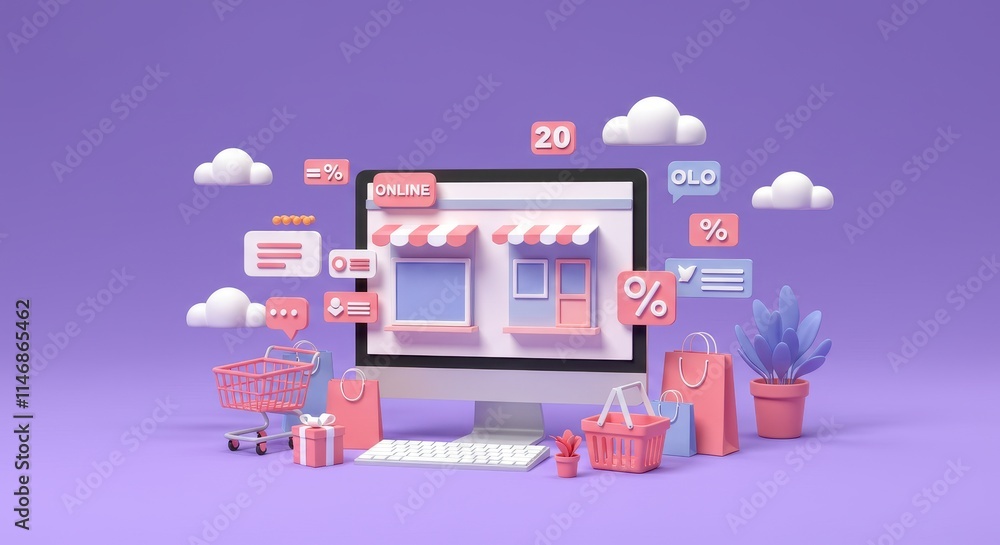 Poster 3d desktop computer displaying an online store with small storefront icons on the screen