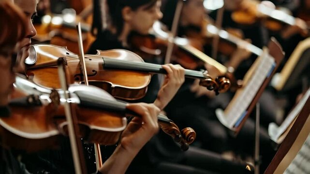 people playing classic music on violins in theater, symphony orchestra