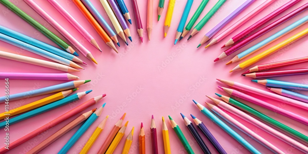 Poster A vibrant collection of colored pencils arranged in a circular pattern on a soft pink background, creating a playful and creative backdrop