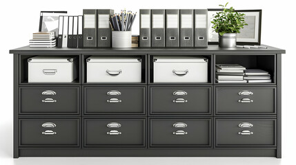 A sleek office storage unit with files, boxes, and stationery for organizational purposes.