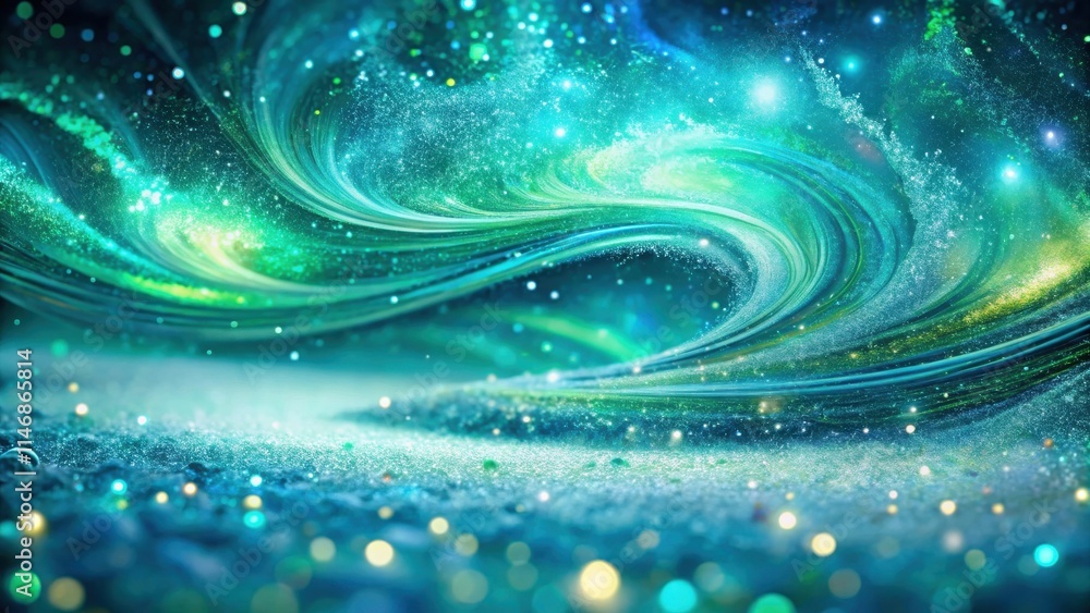 Fototapete abstract swirling galaxy with a deep blue and green color scheme, sparkling with stars and glitter, 