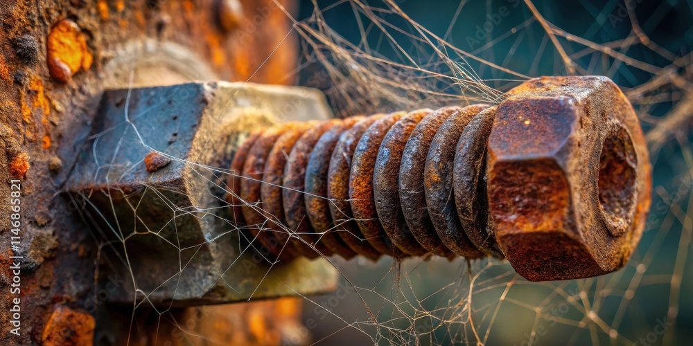 Poster rusty bolt and nut entangled in a spider web, a testament to time and nature's enduring embrace