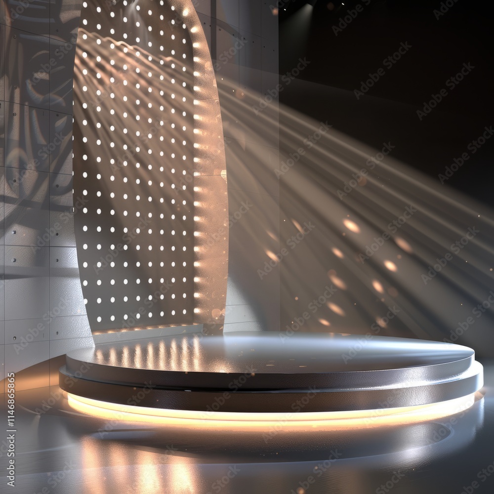 Poster a futuristic stage setup with circular design and abstract light patterns in a dark studio, perfect 