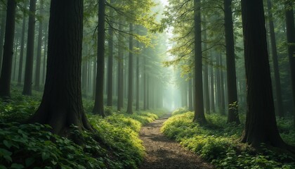 Fototapeta premium Sunlit forest path surrounded by tall trees and lush greenery