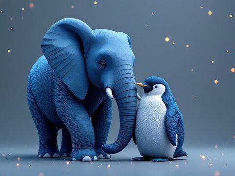 Blue elephant, penguin, PostgreSQL database, Linux symbol.  Low-poly style.