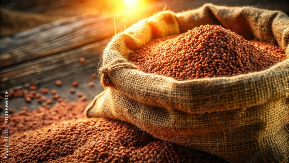 Poster a burlap sack overflowing with brown seeds, bathed in the golden glow of sunlight, sits on a rustic 