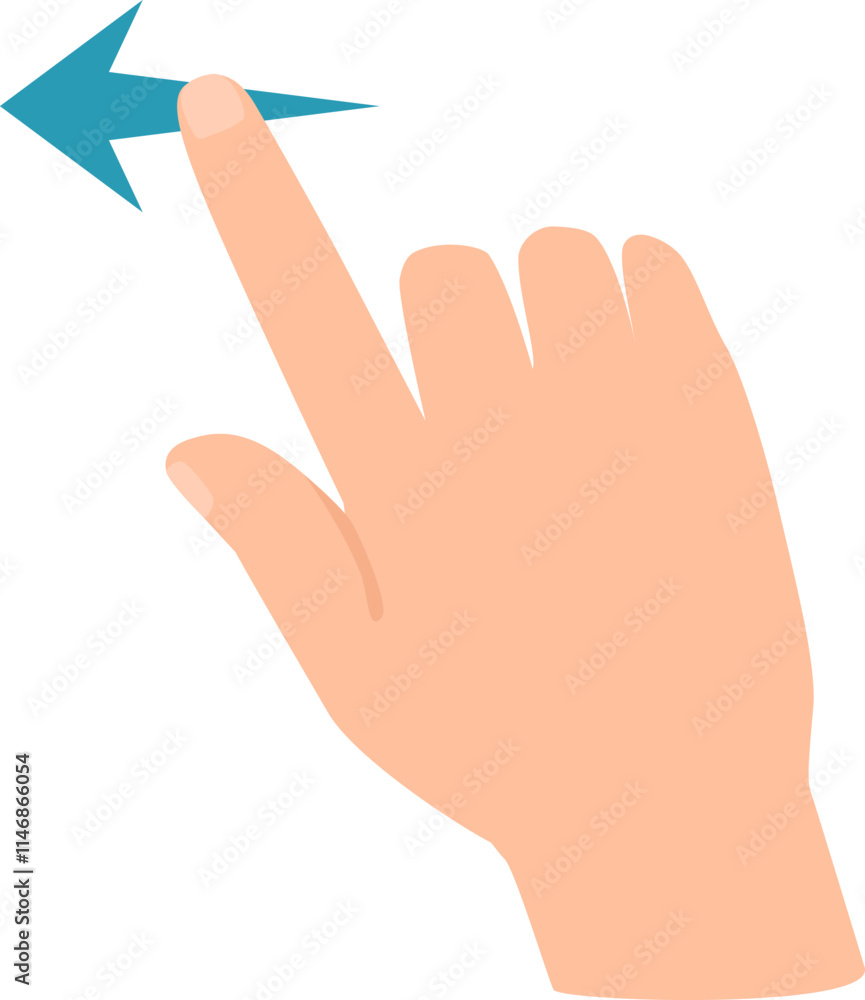 Poster cartoon hand making a swiping left gesture with the index finger and a blue arrow following the move